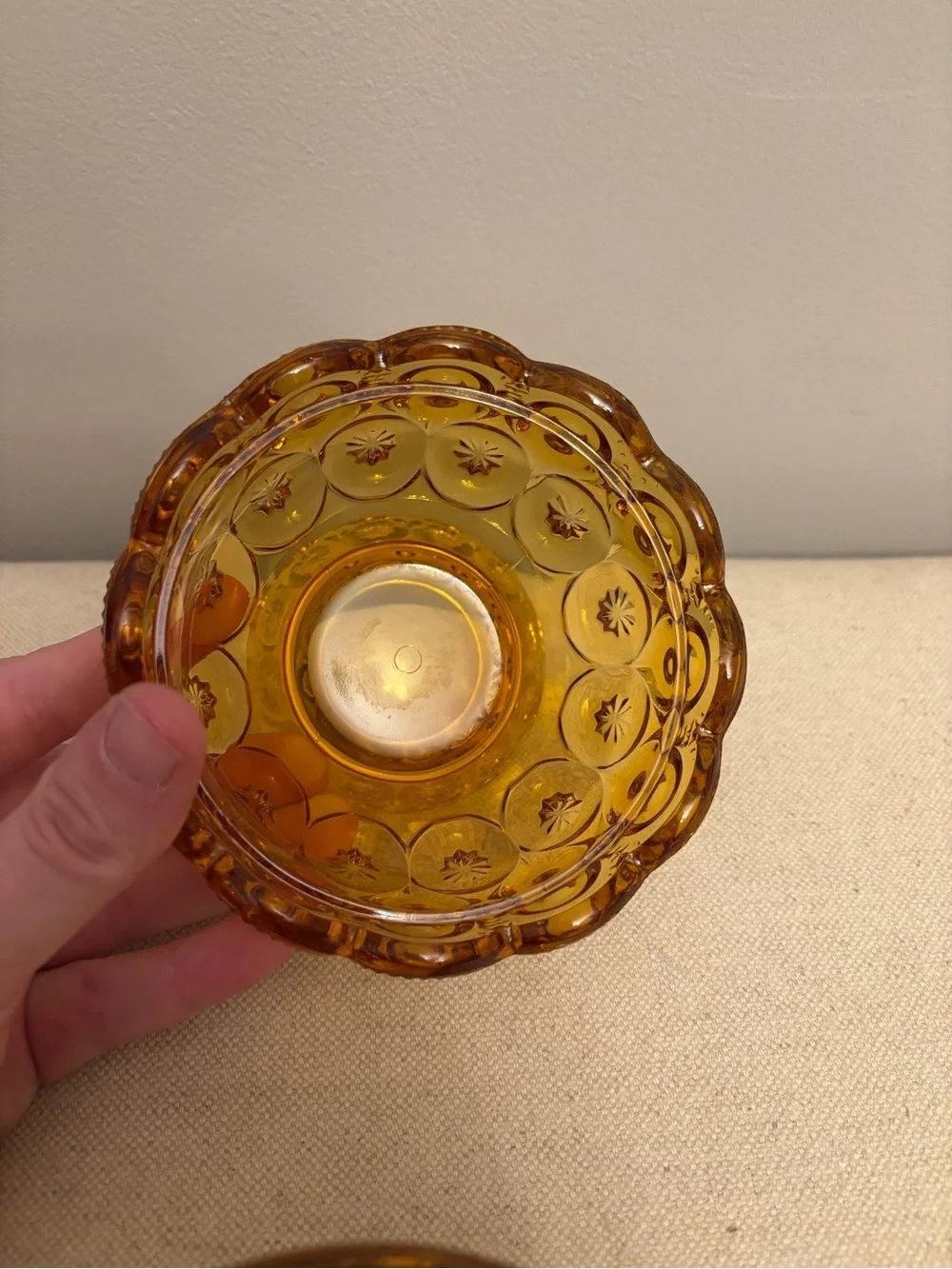VTG MCM  L.E. SMITH AMBER GLASS MOON & STARS FAIRY LAMP 6 1/4